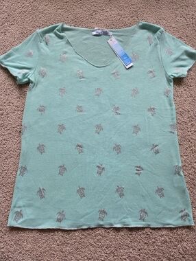 New Womens Light Teal Turtle-Print Short Sleeve Top Size S/M Strechy